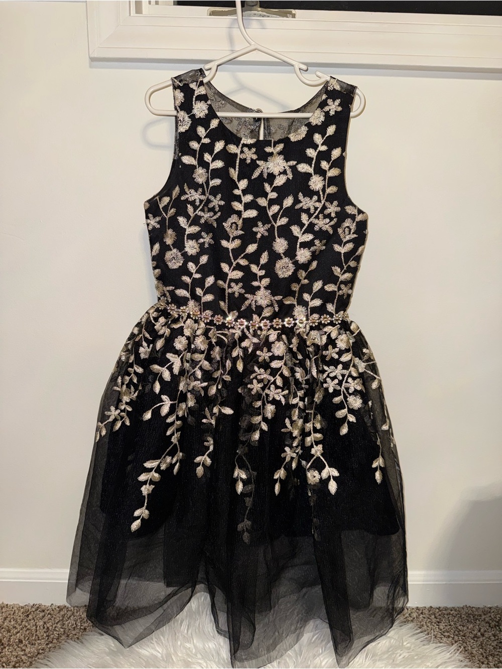 Girls Black Dress with Cream Floral Embroidery